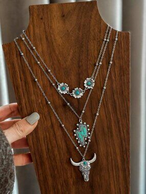 Layered Western Turquoise Bull Skull & Lightning Bolt Necklace Boho Cowgirl